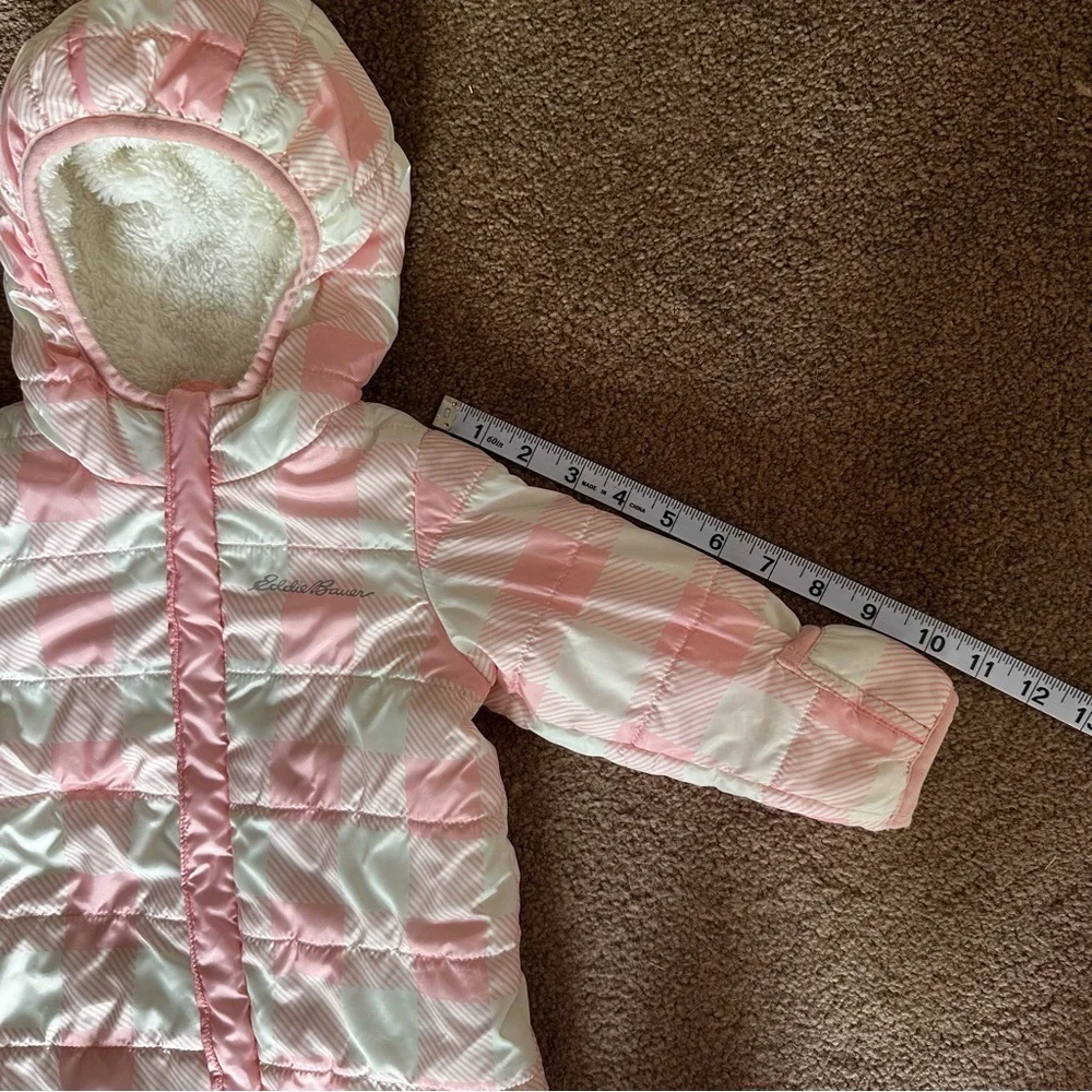 Eddie Bauer Infant Girls Pink Checkered Puffer Snowsuit 6-9M Hooded Sherpa Lined